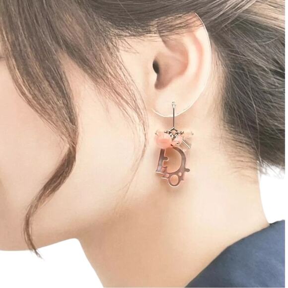 AUTH Christian Dior Rose Quartz Beaded Mother of Pearl Logo Hook Dangle Earrings - Picture 2 of 9